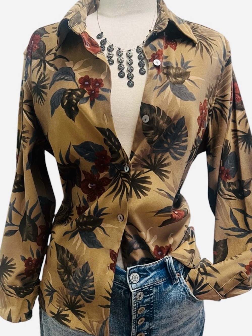 Caribbean Joe Olive Green Tan Floral Button-Down Shirt